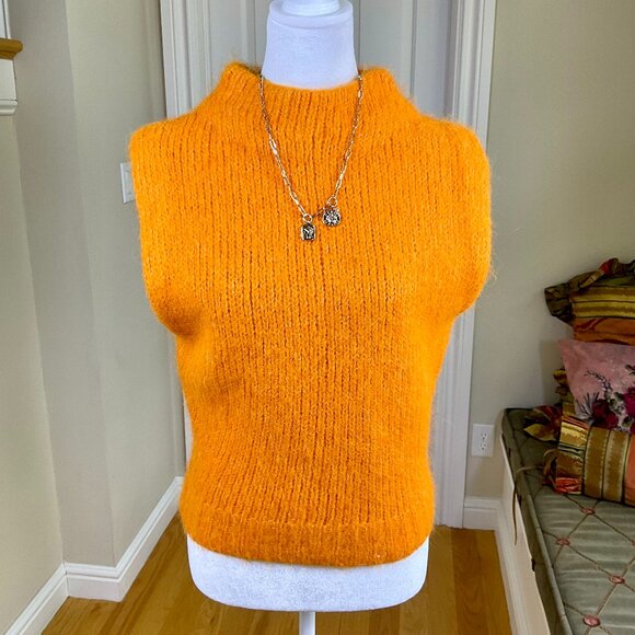 Zara Sweater Vest Alpaca Wool Blend Orange Chunky Knit Mock Neck (S) - Picture 1 of 8